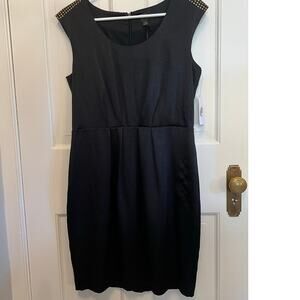 NEW Chequer Black Dress Stud Shoulder Detail Textured Knee Length Womens 10 FLAW